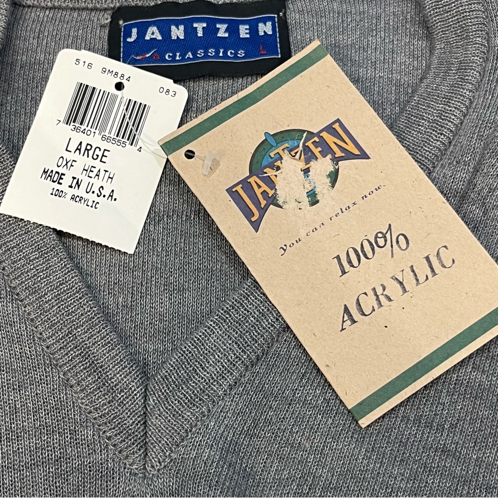 Vintage 80s Jantzen Acrylic Gray Pullover Sweater Men Large Pinhole Sleeve - Picture 10 of 16